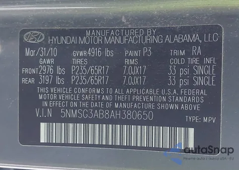 2010 Hyundai Santa Fe Gls z USA, uszkodzony, nr VIN 5NMSG3AB8AH380650